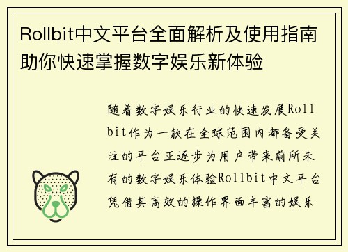 Rollbit中文平台全面解析及使用指南助你快速掌握数字娱乐新体验