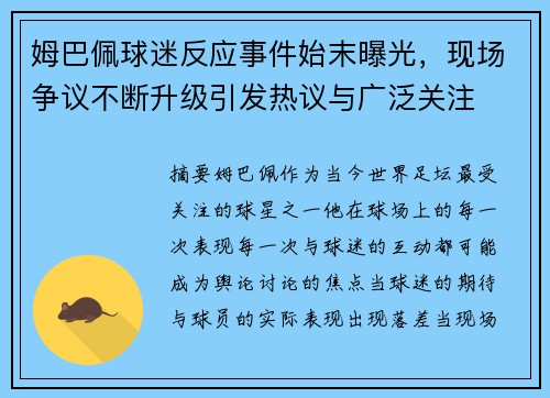姆巴佩球迷反应事件始末曝光，现场争议不断升级引发热议与广泛关注
